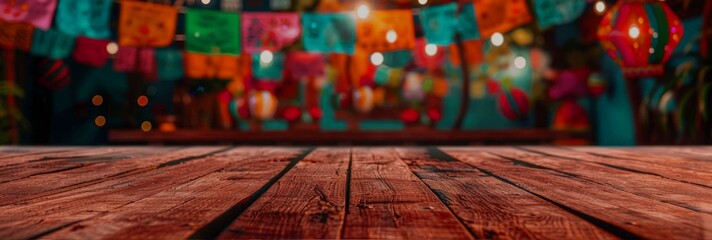 An empty old wooden table with festive decor and Mexican holiday lighting in soft focus in the background. A festive banner with more space for text or product. - obrazy, fototapety, plakaty