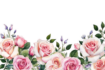 Fototapeta premium Roses and flower meadow border overlay watercolor illustration, flower frame border cute vector illustration clipart, overlay, cutout on white background 