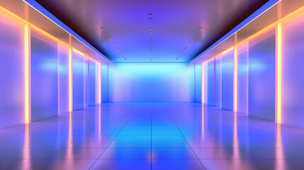Fototapeta premium Modern sci-fi corridor background with glowing purple and blue neon lights and sleek metallic finish. Technologies and innovations. Futurism, space and interior.