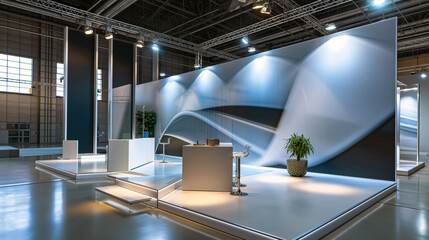 A beautiful exhibition stand in the form of a room with an interior in beige and light colors for...