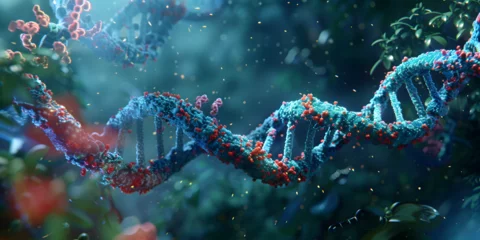 Fotobehang DNA molecule structure 3d rendering science background © aamir