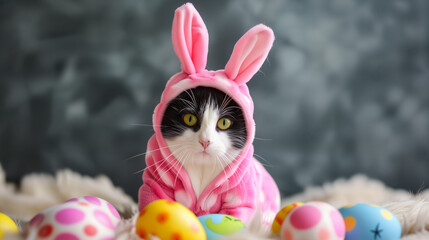 Black and white cat and easter eggs. Black and white cat wearing Pink Rabbit Costume. Happy easter