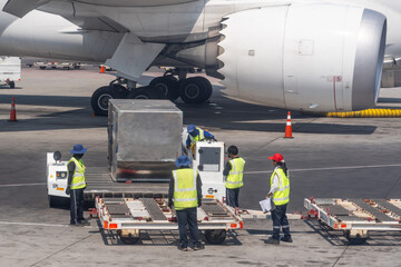 Loading platform of air freight to the aircraft before flight. Loading services employees supervise...