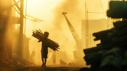 Against the blurred factory scene, a child carries construction materials, their silhouette a stark reminder of child labor.