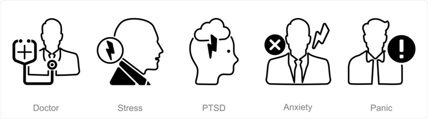 A set of 5 Mental Health icons as doctor, stress, ptsd