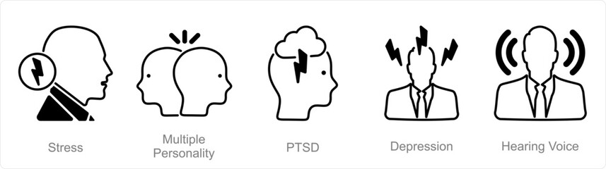 A set of 5 Mental Health icons as stress, multiple personality, ptsd