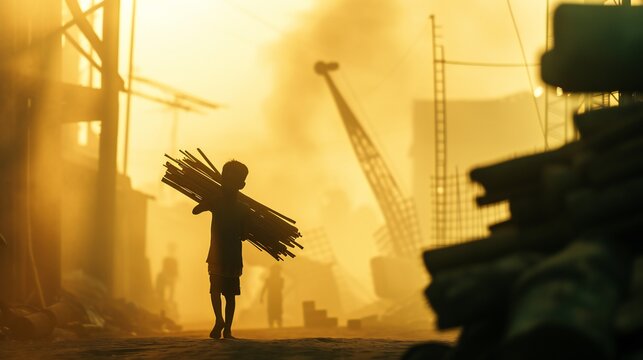 Against the blurred factory scene, a child carries construction materials, their silhouette a stark reminder of child labor.