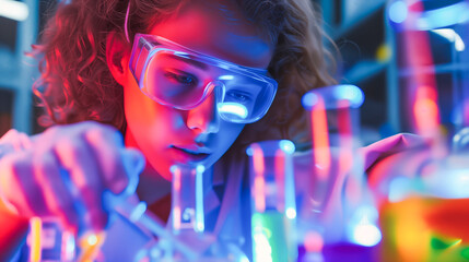 Testing substances. Woman scientist in laboratory working. Young female scientist doing some research.