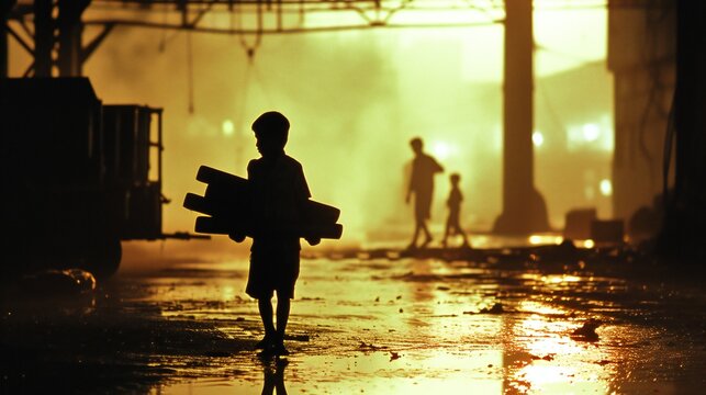 Against the blurred factory scene, a child carries construction materials, their silhouette a stark reminder of child labor.