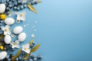Easter background with eggs and spring flowers on dark blue background Front view with copy space
