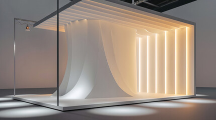 A beautiful exhibition stand in the form of a room with an interior in beige and light colors for...