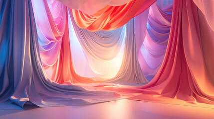 Bright space with sheer fabric curtains in pastel colors. Folds, airy light effect. Rays of the sun through the material. Advertising background for the presentation of goods and products.