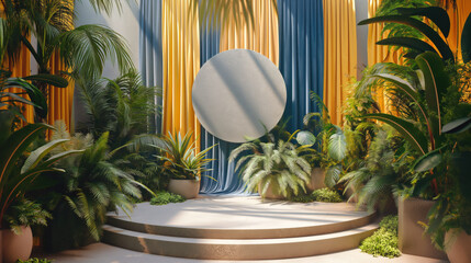Space with a podium in a bright room. Image for presentation and placement of advertising, people, products, goods. Platform with exotic plants in vases. Curtains made of orange material.