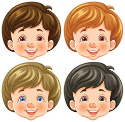 Four cheerful cartoon kids with different hairstyles
