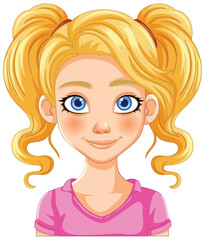 Bright-eyed girl with blonde pigtails smiling