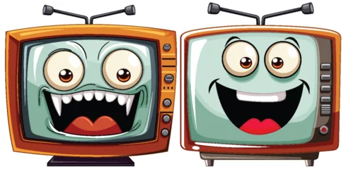 Deurstickers Two animated TVs showing contrasting emotions. © GraphicsRF