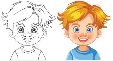 Gordijnen Color and line art of a happy young boy © GraphicsRF