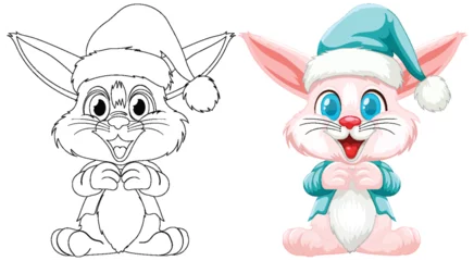 Selbstklebende Fototapete Kinder Black and white and colored bunny with Christmas hat.