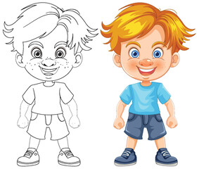 Vector illustration of a boy, colored and line art
