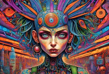 a punk woman psychedelic,  visionary art, goddess, android, psychedelic, art nouveau,  psytrance