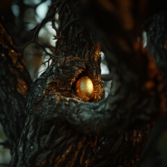 An Easter golden egg in a hollow tree.