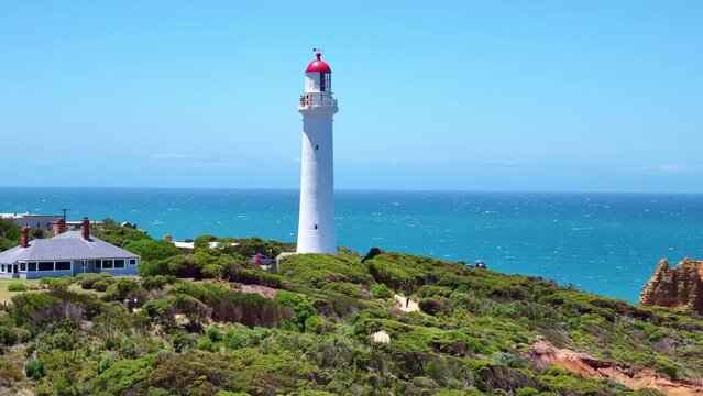 Drone Australia. Aerial view of Split Point Lighthouse on Great Ocean Road, Victoria, Aireys Inlet. Australian travel destination, tourism attraction.