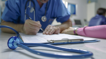 A stethoscope lays on a desk with a doctor consulting a patient in the background.