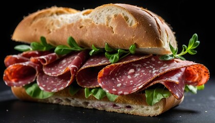 Milanese sandwich with salami on a black background. Italian food