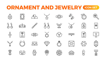 Ornament & Jewelry icon set . Simple Set of Jewelry Related Vector Line Icons. Contains such Icons as Earrings, Body Crosses, and Engagement rings. Outline icon collection.