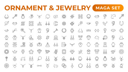 Fototapeta na wymiar Ornament & Jewelry icon set . Simple Set of Jewelry Related Vector Line Icons. Contains such Icons as Earrings, Body Crosses, and Engagement rings. Outline icon collection.