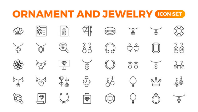 Ornament & Jewelry icon set . Simple Set of Jewelry Related Vector Line Icons. Contains such Icons as Earrings, Body Crosses, and Engagement rings. Outline icon collection.