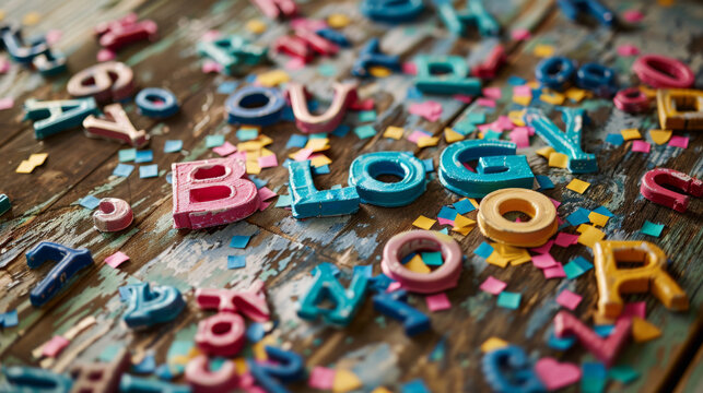 Multicolored wooden letters create a textured composition with the word "BLOG" prominent in the center.