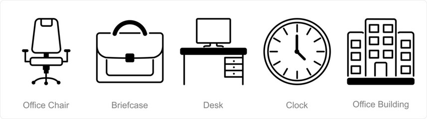 A set of 5 Office icons as office chair, briefcase, desk