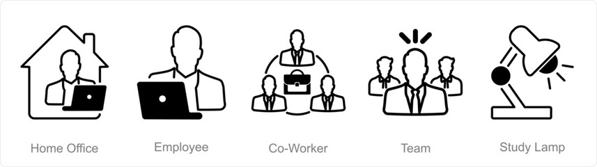 A set of 5 Office icons as home office, employee, co-worker