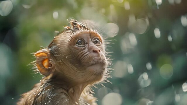 wet monkey in the jungle. 4k video