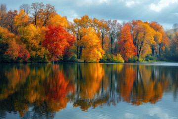 Reflection of Colorful Autumn Trees on a Calm Lake