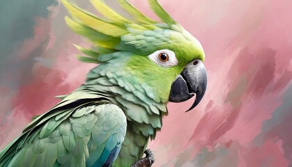 a magnificent green cockatoo with its majestic crest raised, featuring bold colors and dynamic brush strokes, juxtaposed against a soft pastel pink background, conveying a sense of elegance and vibran