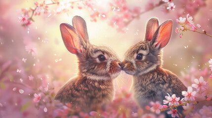 Fototapeta na wymiar Bunnies nose-to-nose surrounded by soft pink blossoms, conveying a serene and tender moment with a bokeh background
