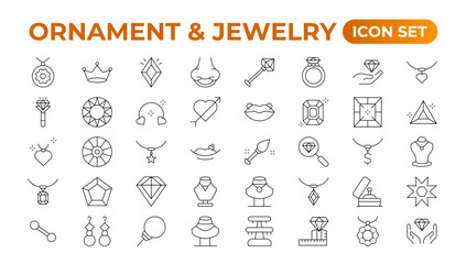 Ornament & Jewelry icon set . Simple Set of Jewelry Related Vector Line Icons. Contains such Icons as Earrings, Body Crosses, and Engagement rings. Outline icon collection.