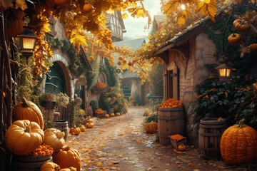 Pumpkin Harvest Decorations Adorning a Classic Autumn Village