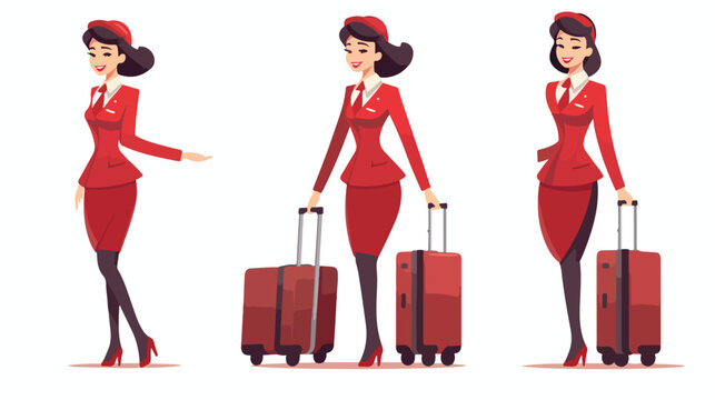 Cute cartoon air hostess walking with suitcase flat