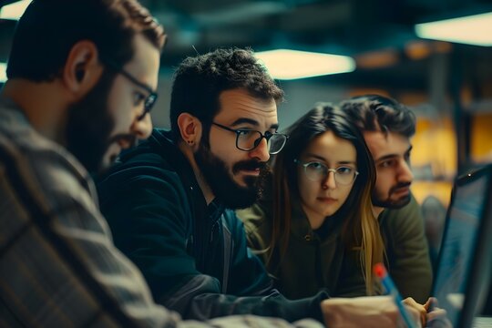 A group of IT workers collaborating on a project in an office setting. Concept Team Collaboration, IT Professionals, Office Environment, Project Discussion, Technology Innovation