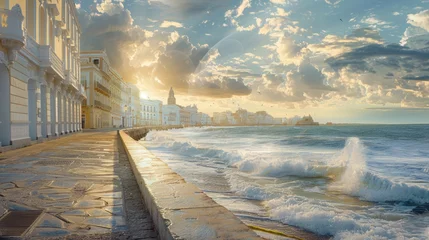 Poster de jardin Atlantic Ocean Road City Sunset and Sunrise: A stunning cityscape transitioning from sunset to sunrise, adorned with snowy roads and a serene lake under a wintry sky