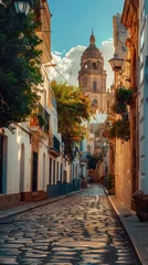 Photo sur Plexiglas Ruelle étroite Churches amidst ancient European town streets with medieval architecture and narrow stone alleys