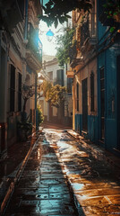 Fototapeta premium Nighttime Scene of Old European Street with Narrow Medieval Buildings