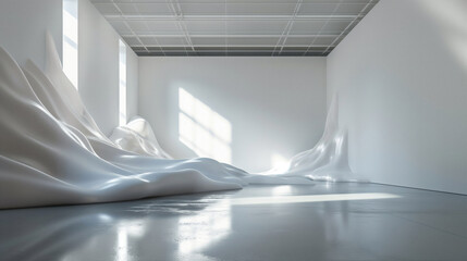 Empty bright room for product, goods. Presentation and advertising. A space with a wall of piles of white iridescent silk fabrics. The floor is made of marble slabs with highlights and reflections.