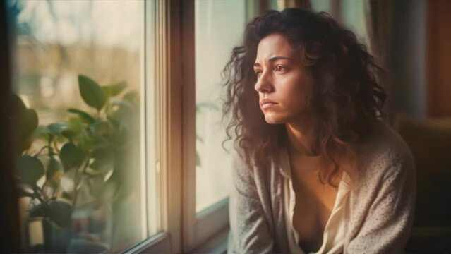 Sad pensive woman at home looking out the window alone. Stress disease and women