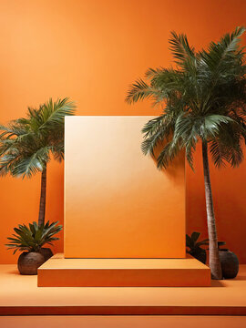 Empty podium for demonstration and installation of product on orange background with palm trees and tropical plants and sunlight, on theme of relaxation and travel to tropics, summer, beach resort.
