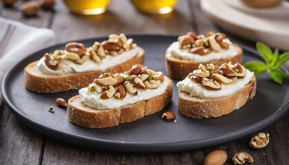 Obraz na płótnie Canvas Pear bruschetta with cream cheese, nuts and honey