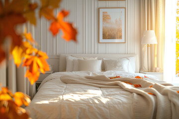 Cozy Autumn Bedroom with Warm Blankets and Fallen Leaves by the Window